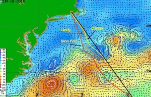 The crucial navigational and tactical decision concerns the course across the Gulf Stream.  Three top boats made these choices in the 2010 race.