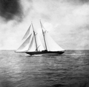 A typical finish line photo in the race's early days had a schooner approaching St. David's Head. This picture is from a scrapbook owned by the late Eldon Trimingham. of Bermuda. 