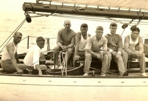 Olin Stephens (second from left) and his brother Rod (third from right) and their crew relax before Dorade starts the 1931 Transatlantic Race. With the exception of their father (far let), the whole crew's average age was 22. (Rosenfeld Collection, Mystic Seaport) 