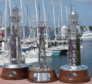 (L-R) The Gibbs Hill Lighthouse Trophy, The North Rock Beacon Trophy and The St David's Lighhouse Trophy