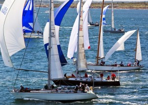 The classic Dorade and a crowd of newer boats speed off the start line in 2012. (Daniel Forster PPL)