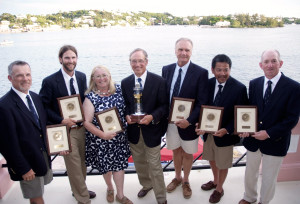 Crew of Actaea, winners of the St. David's Lighthouse trophy. Left; skipper, Michael Cone, and Connie Cone, John Chiochetti, James Dalton, George J Fallon, Rex Miyashiro, Stewart Rose and William Stanley Sneath.   Photo Barry Pickthall /PPL