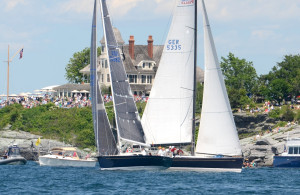 While the small boats got off downwind, the big ones had to beat out of Narragansett Bay. This is High Yield, one of the 18 non-US boats in the 164-entry fleet. (Talbot Wilson/PPL)