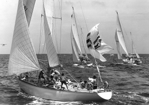 Warren Brown at the helm of War Baby KB1 at the start of the 1972 Trans Atlantic Race. Brown died Christmas Day in Bermuda. He was 85 and had sailed over 300,000 miles. He was a recipient of the Cruising Club of America’s Blue Water Medal. 