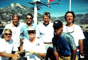 Sailing with Warren: Pictured, from left, are (back row) Chummie White, Jay Kempe, John Wadson, Reid Kempe; and (front row) Malcolm Kirkland, Warren Brown, Paul Doughty. The crew are sailing in September 2003 on War Baby on her last major quest, the Classic Boat Series which he won.