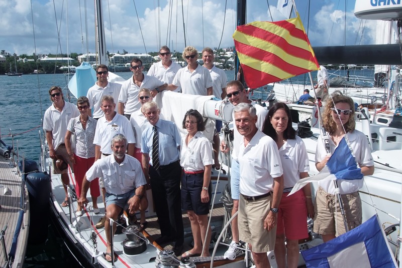 Bermuda Governor Sir Richard Gozney and Cruising Club of America Commodore Sheila McCurdy (a Carine veteran( welcome Rives Potts (left front) at RBYC. after the 2010 race. (Barry Pickthall/PPL
