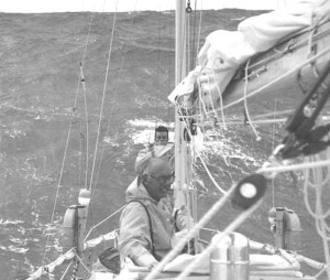 Clayton Ewing in Dyna as she sails rudderless in giant seas in the 1963 transatlantic race. (Stephen Van Dyke)