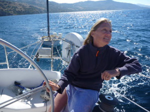 Karen Prioleau (here sailing in her home waters off Catalina Island) has sailed numerous long voyages in the Pacific as capyaon of the sail training yacht Alaska Eagle. (Paul Prioleau)