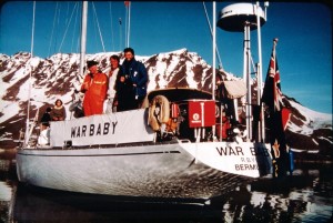 Warren Brown and his War Baby roamed the world. Here he is (in red) with Melissa Moore on the bow, Earling Kagge to his rght, and Nick Ryley at Spitsbergen. (Photos courtesy Brown family)