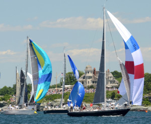 Three-time winner Carina leads 'Flying Lady' and other Class 3 boats away from the 2014 starting line off Castle Hill. (Talbot Wilson/PPL)