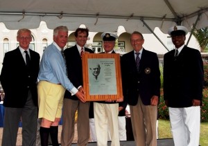 The Pequot YC team accepts the 2008 Pratt Trophy from His Excellency the Governor, Sir Richard Gozney, as RBYC Commodore Ralph Richardson looks on. (Barry Pickthall/PPL)
