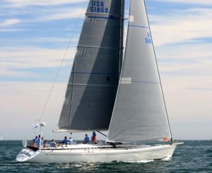 Defiance is a comfortable Swan 56 orned by Peter Noonan. Like many boats in the race, racers and cruisers alike, she is crewed by sailors from many areas, including members of the same family. (Talbot Wilsonl/PPL) 