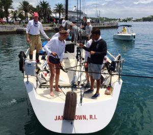High Noon arriving at Bermuda after her run. Organizer Peter Becker is at the helm, his daughter Carina handling lines. (John Rousmanere)