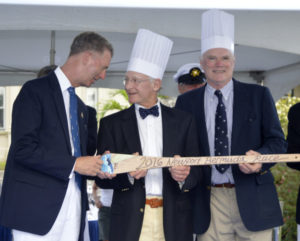 The last prize, as always, was the Galley Slave Trophy awarded to the coo of the last boat to finish. The two crew of Whisper, Thomas Vander Salm and John Browning accepted the award in good cheer--and suitable dress. (Photos by Barry Pickthall/PPL)
