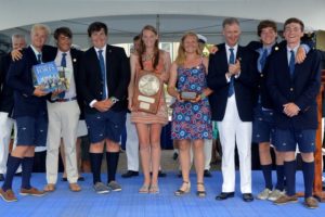 Carina Becker (center) and her shipmates and Bermuda Governor George Fergusson at the race prize giving. (Barry Pickthall/PPL)
