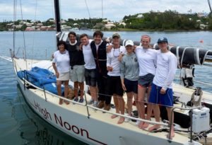 The seven members of the Youth crew (ages 15-18) after the finish. (left to right) Royal Bermuda YC Commodore Leatrice Oatley,Collin Alexander, Richard O'Leary, Hector McKemey, William McKeige, Madelyn Ploch, Carina Becker, Brooks Daley.